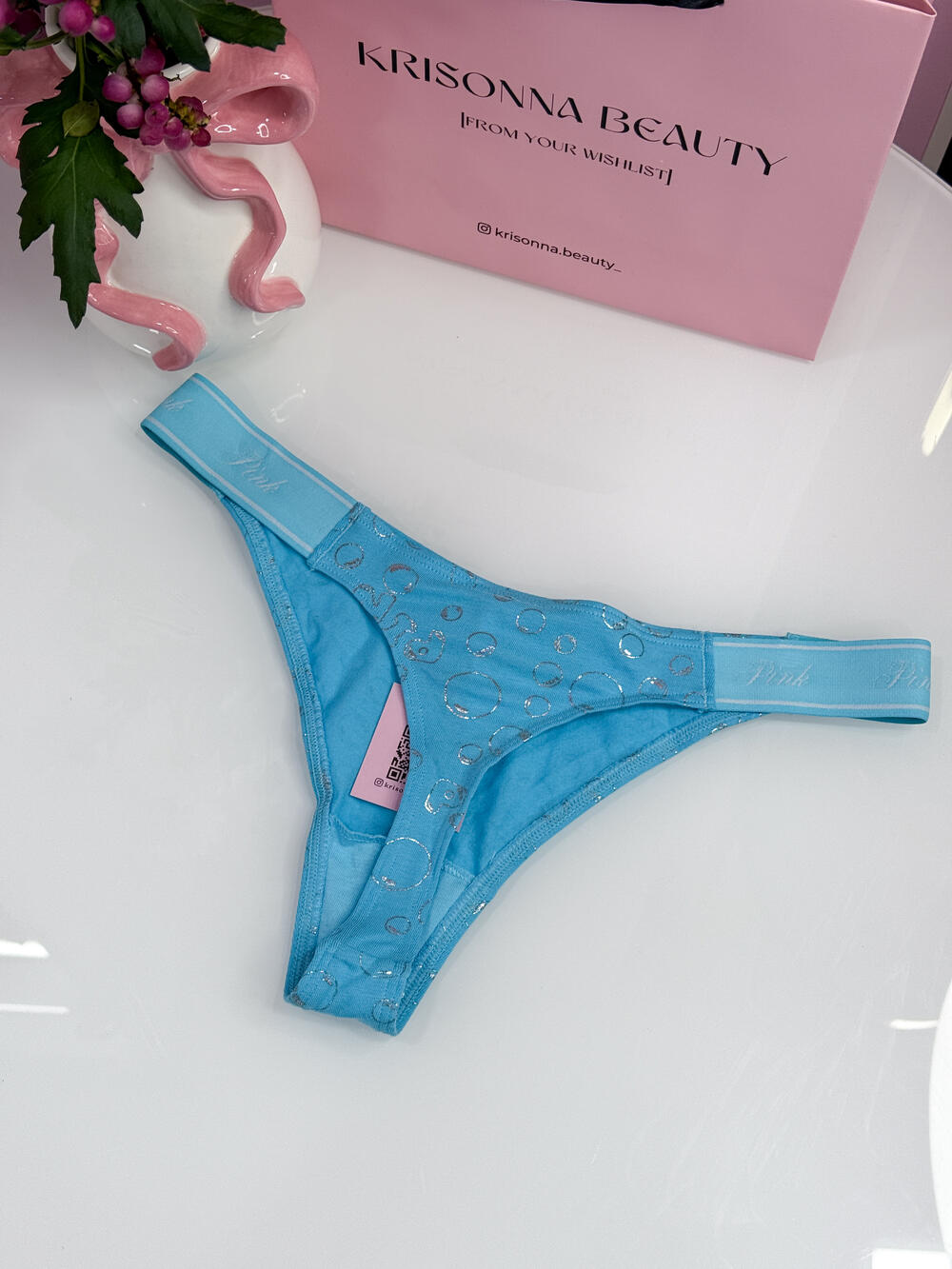 Трусики Logo Cotton High-Leg Thong Panty розмір S Aqua Chill Foil Bubble Print (77KO)