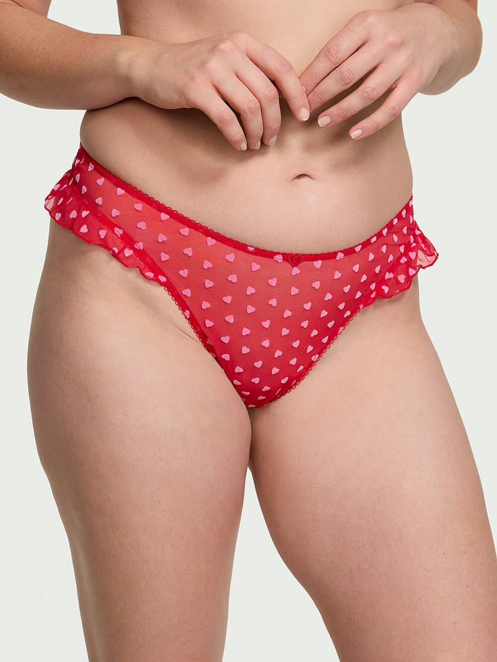 Tease High-Leg Scoop Thong Panty розмір S Bright Vermillion Hearts  (71NN) 