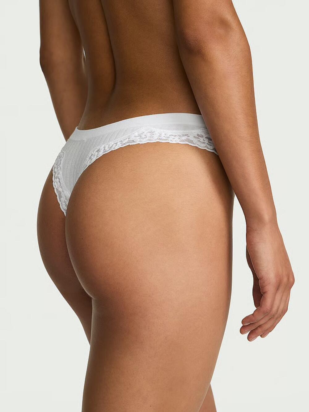 Seamless Rib Lace-Trim Thong Panty розмір S vs White 95D1