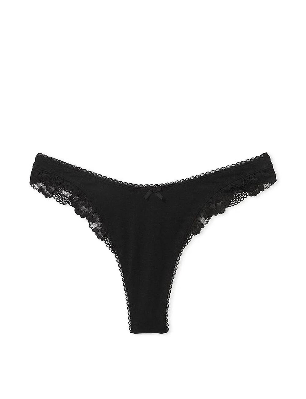 Stretch Cotton Lace-Trim High-Leg Scoop Thong Panty розмір S Black (54A2)