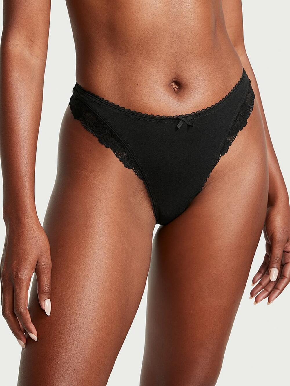 Stretch Cotton Lace-Trim High-Leg Scoop Thong Panty розмір S Black (54A2) 