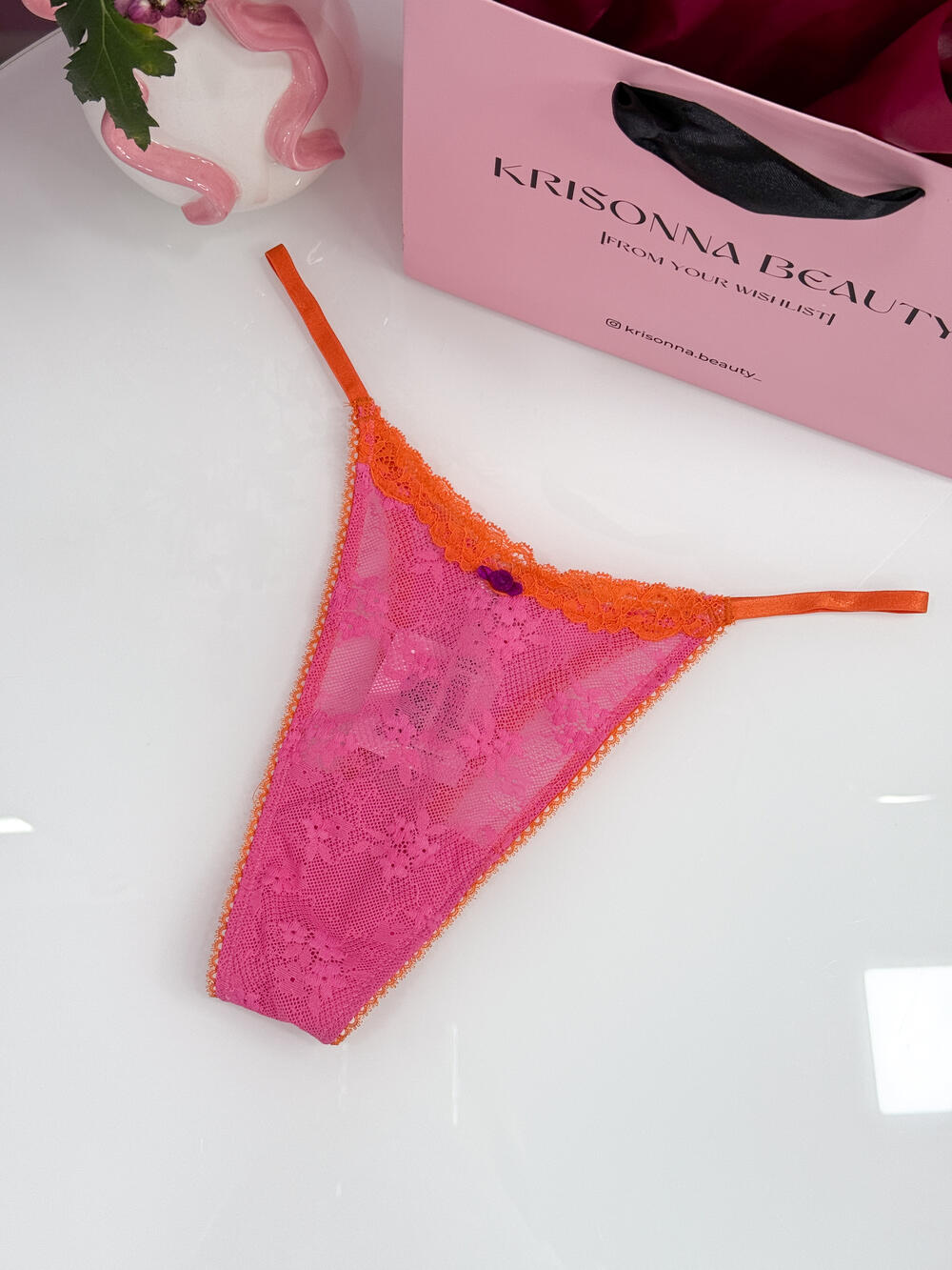 Lace String Thong Panty розмір М рожеві з помаранчевим мереживом 