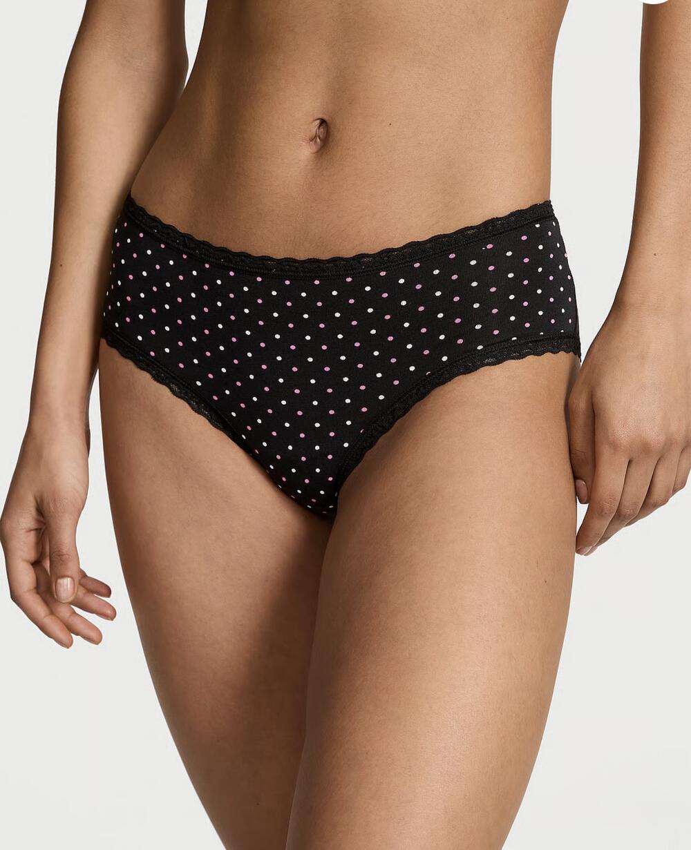 Lace-Trim Cotton Cheeky Panty розмір S чорні горошок   