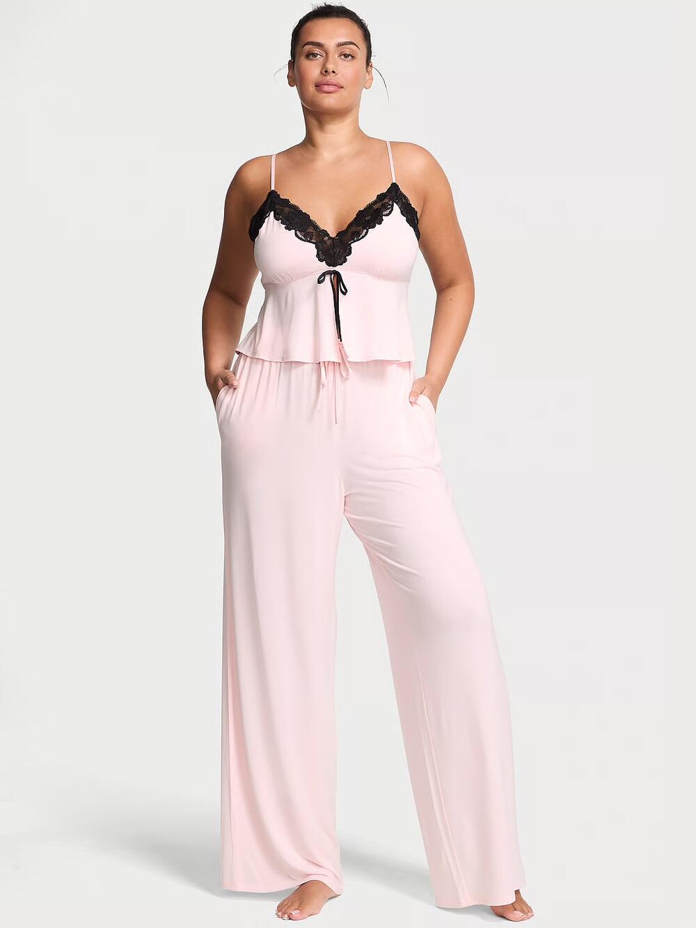 Розмір S Modal Soft Lace-Trim Cami & Wide-Leg Pant Set Angel Pink (7F03) 