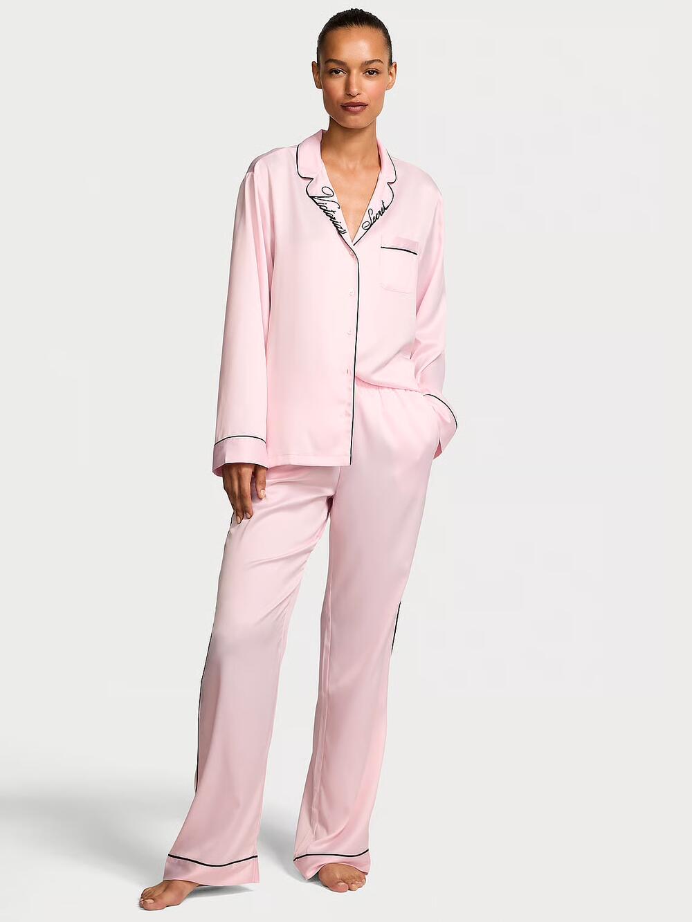Розмір S Glazed Satin Long Pajama Set Angel Pink W Collar Embroidery (75AM) 