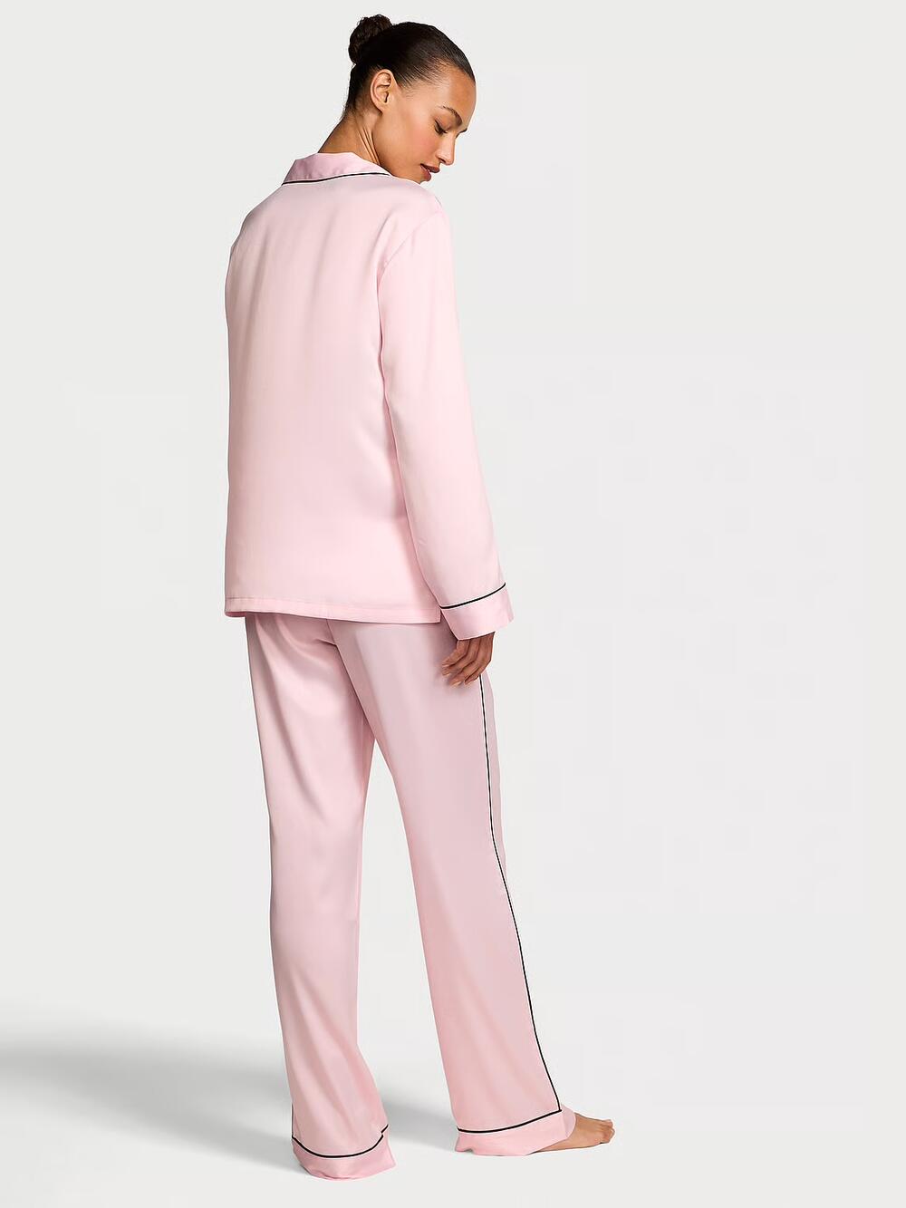 Розмір М Glazed Satin Long Pajama Set Angel Pink W Collar Embroidery (75AM) 