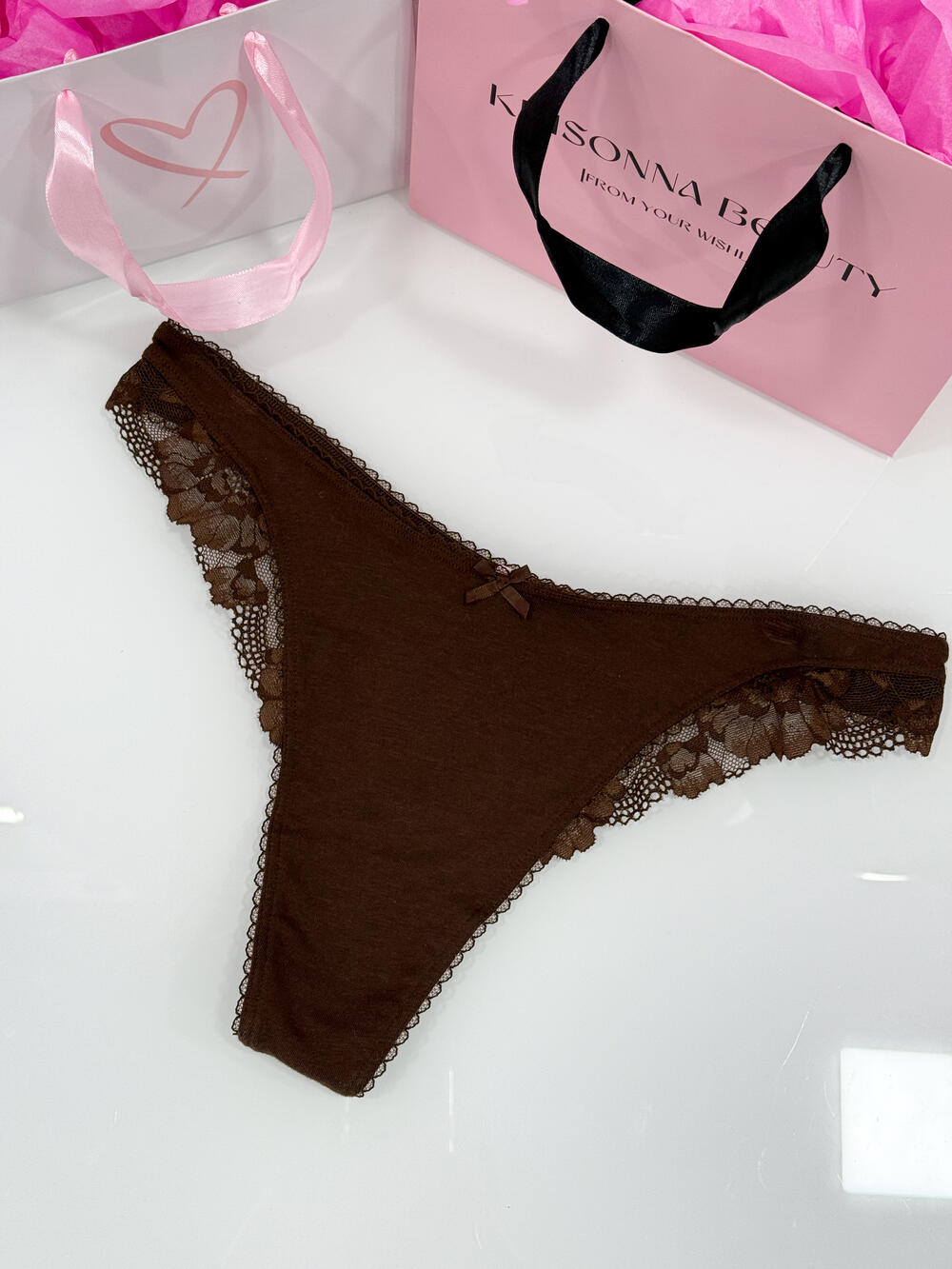 Stretch Cotton Lace-Trim High-Leg Scoop Thong Panty розмір L chocolate 