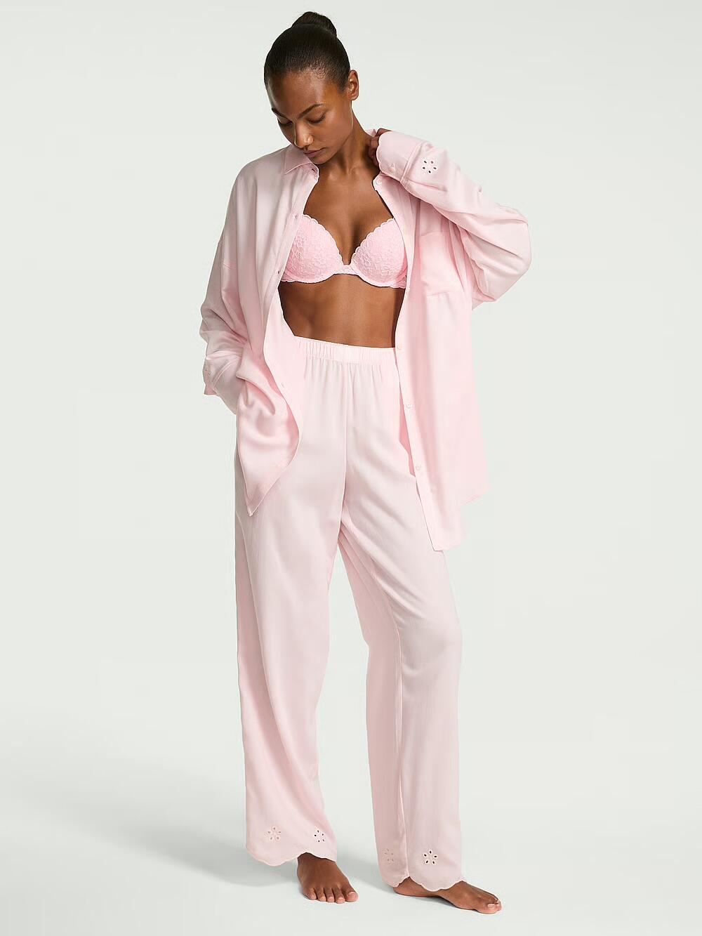 Розмір S Modal-Cotton Eyelet Long Pajama Set Pink 