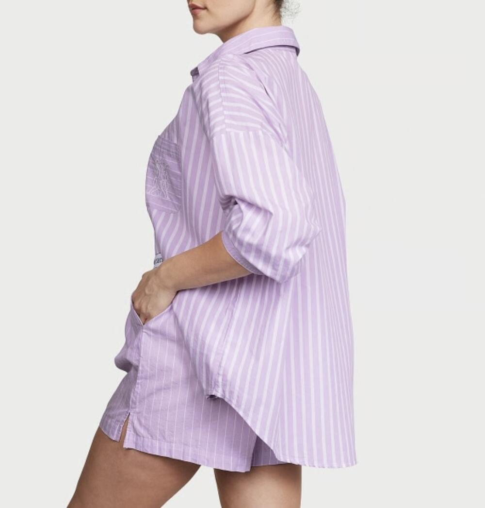 Розмір М Піжама Cotton Long-Sleeve Shirt & Shorts Set Purple Stripes