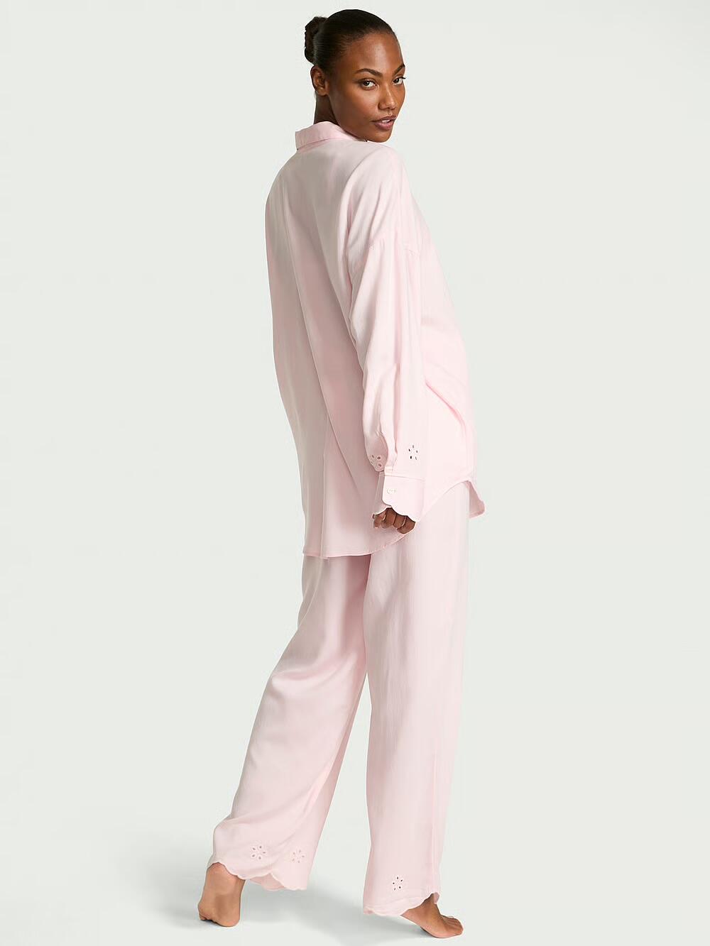 Розмір S Modal-Cotton Eyelet Long Pajama Set Pink