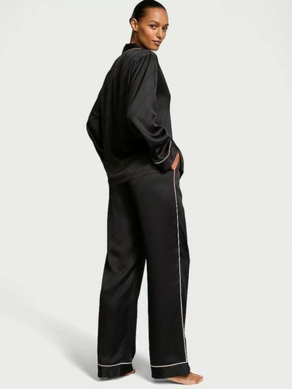 Розмір S Glazed Satin Long Pajama Set Black Stripes