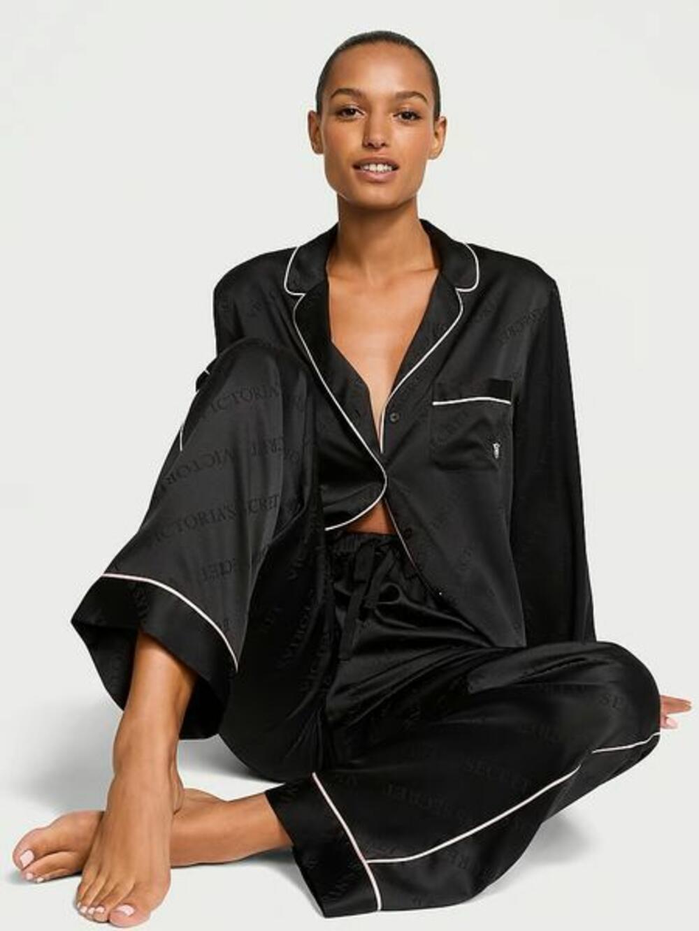 Розмір S Glazed Satin Long Pajama Set Black Stripes 
