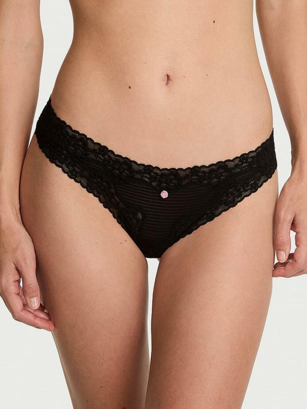 Cotton Shadow Stripe Lace-Waist Thong Panty розмір М Black (54A2) 