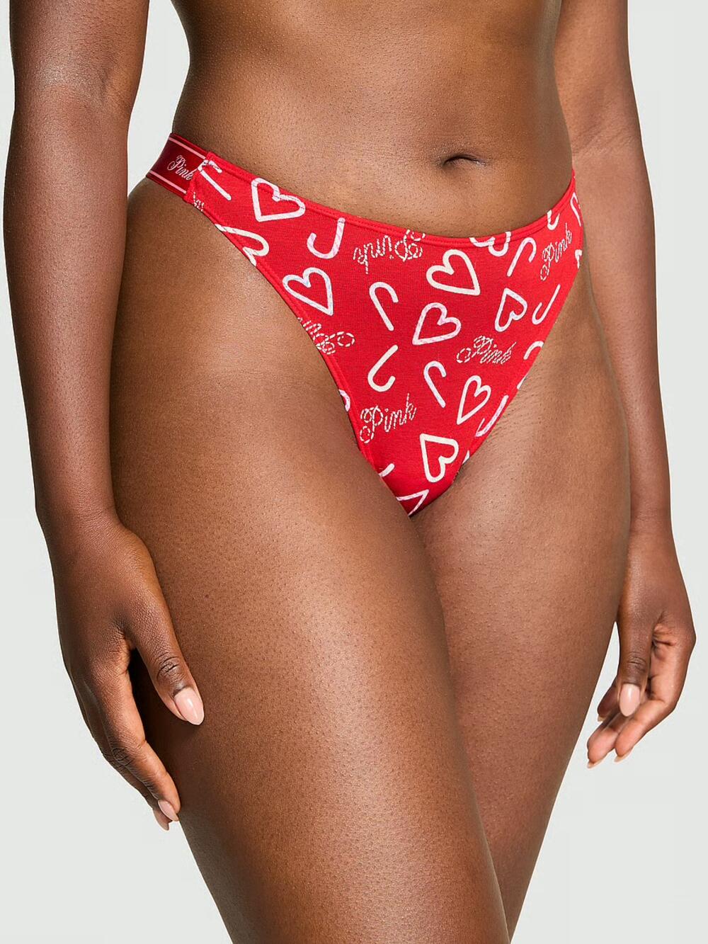 Logo Cotton Shine High-Leg Thong Panty розмір М Bright Vermillion Candy Cane Hearts Print (7E3M) 